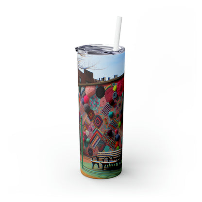 "Yarn of Joy: A Colorful Outdoor Mural" - The Alien Maars® Skinny Tumbler with Straw 20oz Yarn Bombing (Fiber Art)