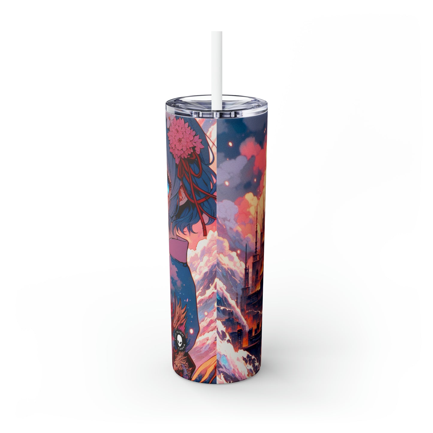 Title: "Swords ablaze: The Elemental Duel" - The Alien Maars® Skinny Tumbler with Straw 20oz Manga/Anime Art