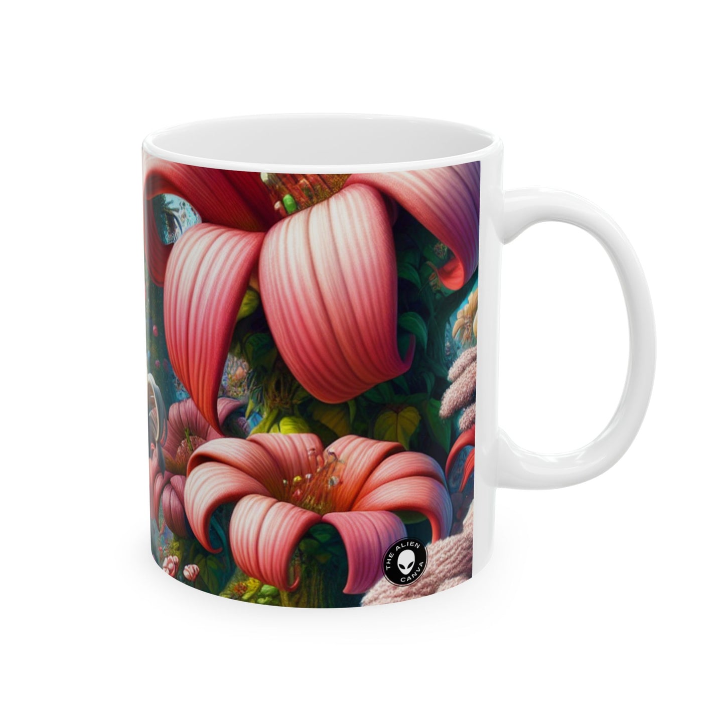 "Jardín de fantasía: grandes flores y pequeñas criaturas" - Taza de cerámica The Alien de 11 oz