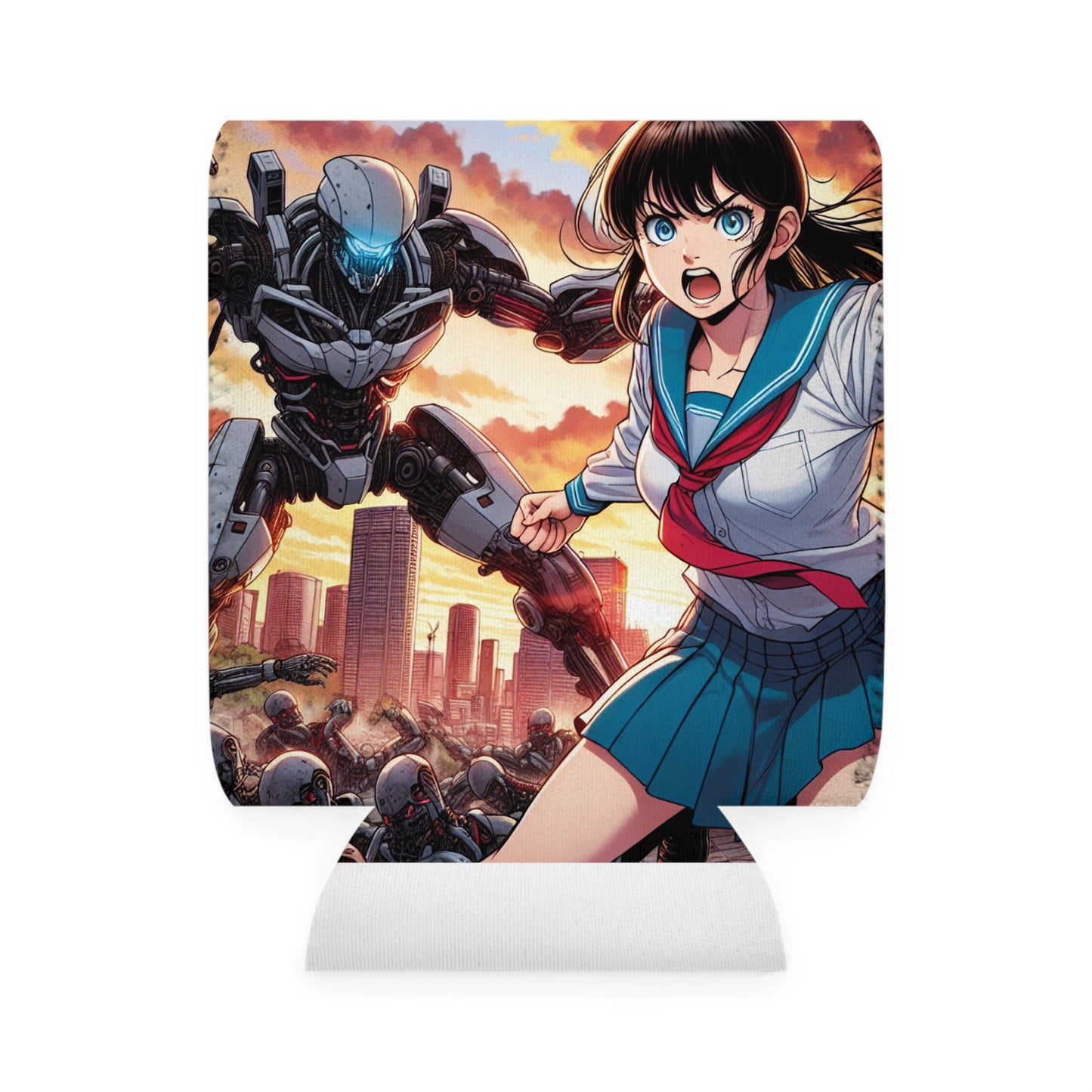 "Girl in Uniform Saves City from Invaders." - The Alien Can Cooler Sleeve Manga/Anime Art