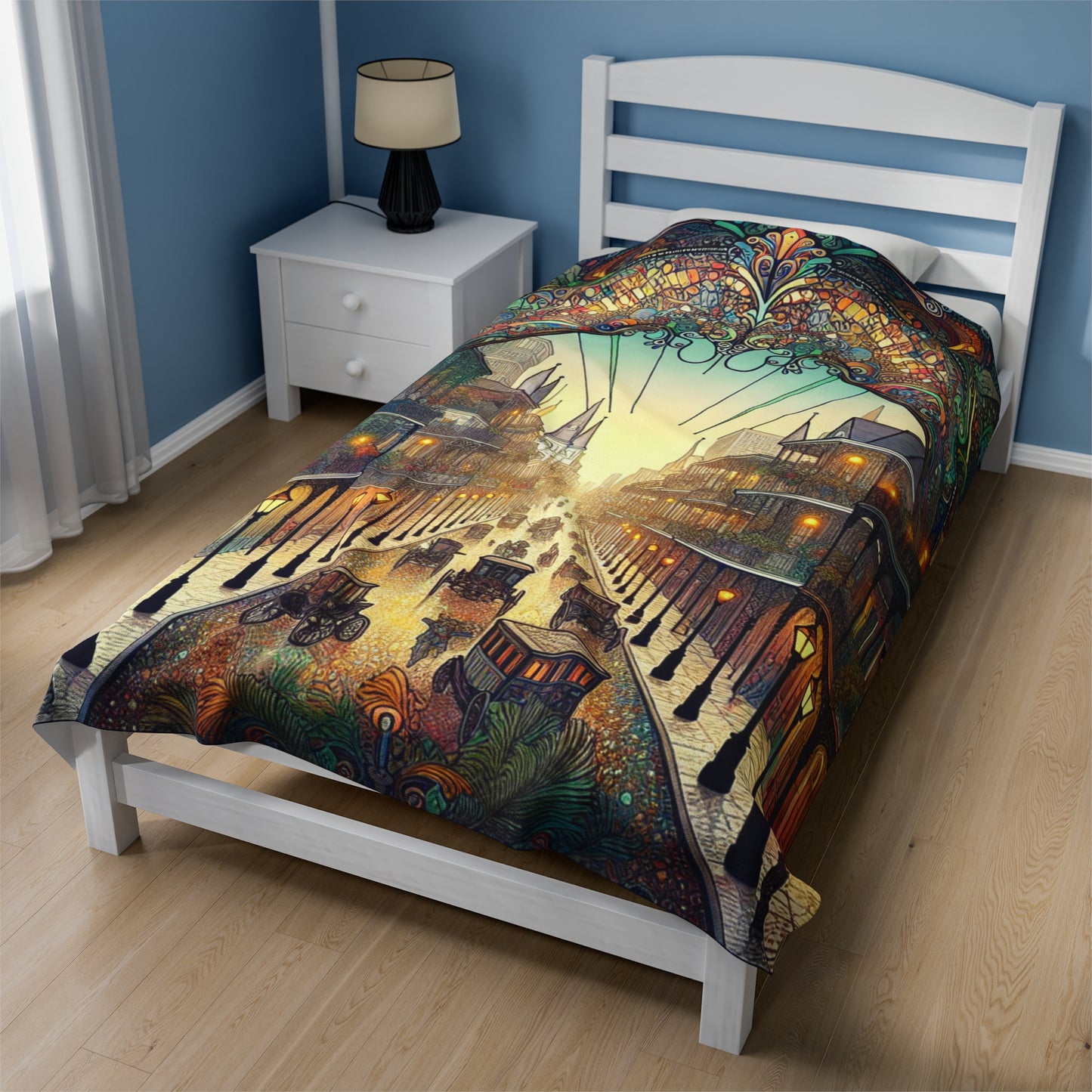 "Vivid Splendor: A Picture of New Orleans's French Quarter" - The Alien Velveteen Plush Blanket Art Nouveau Style