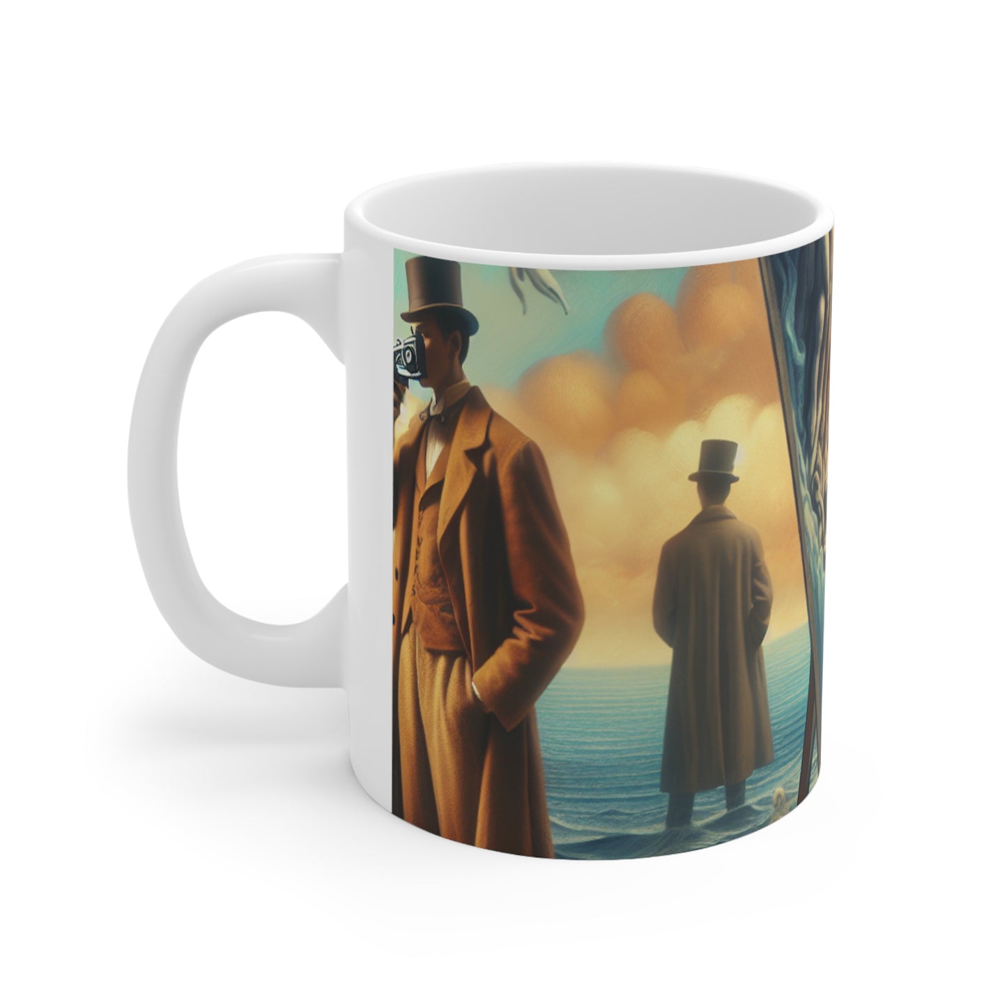 Sueños caprichosos: desafiando la gravedad en el abismo celestial - La taza de cerámica alienígena 11oz Surrealismo