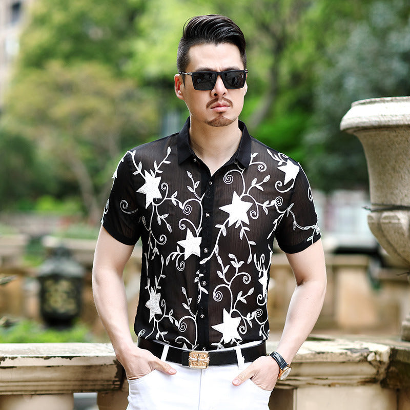 Camisas de hombre de nuevo estilo de verano Camisas casuales sin hierro bordadas huecas delgadas