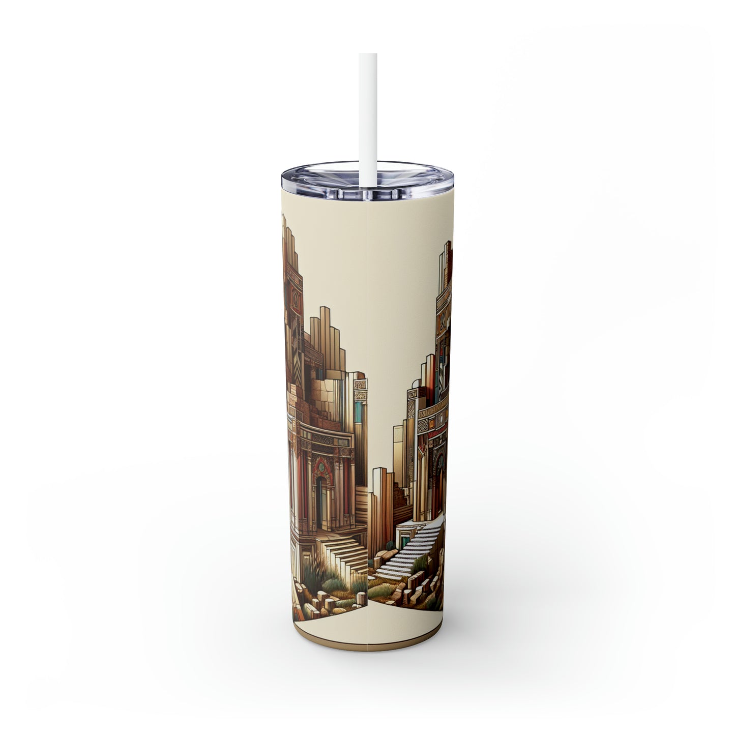 "Deco Ruins: Geometric Art in an Ancient Setting" - The Alien Maars® Skinny Tumbler with Straw 20oz Art Deco Style