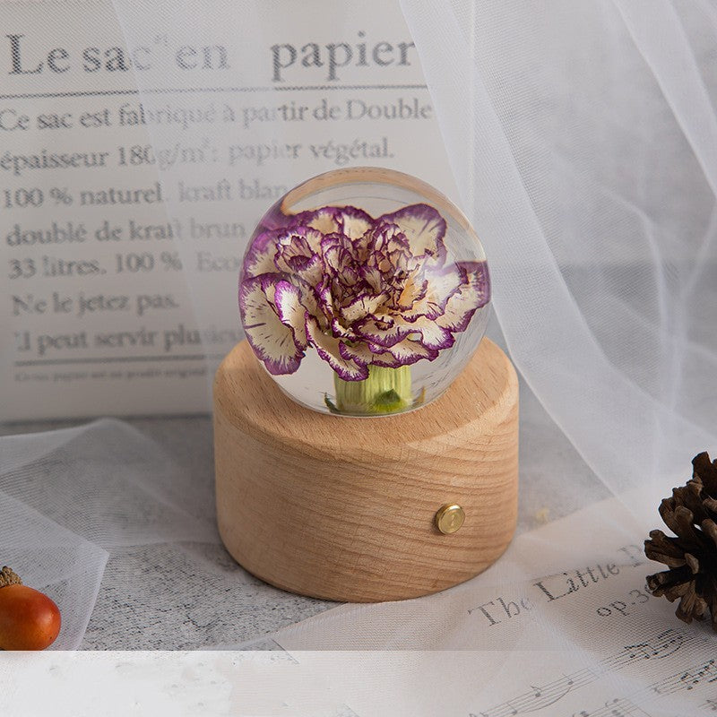 Boîte à musique de décoration de fleurs préservées, boule de cristal