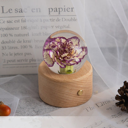 Caja de música con decoración de flores preservadas, caja de música, bola de cristal