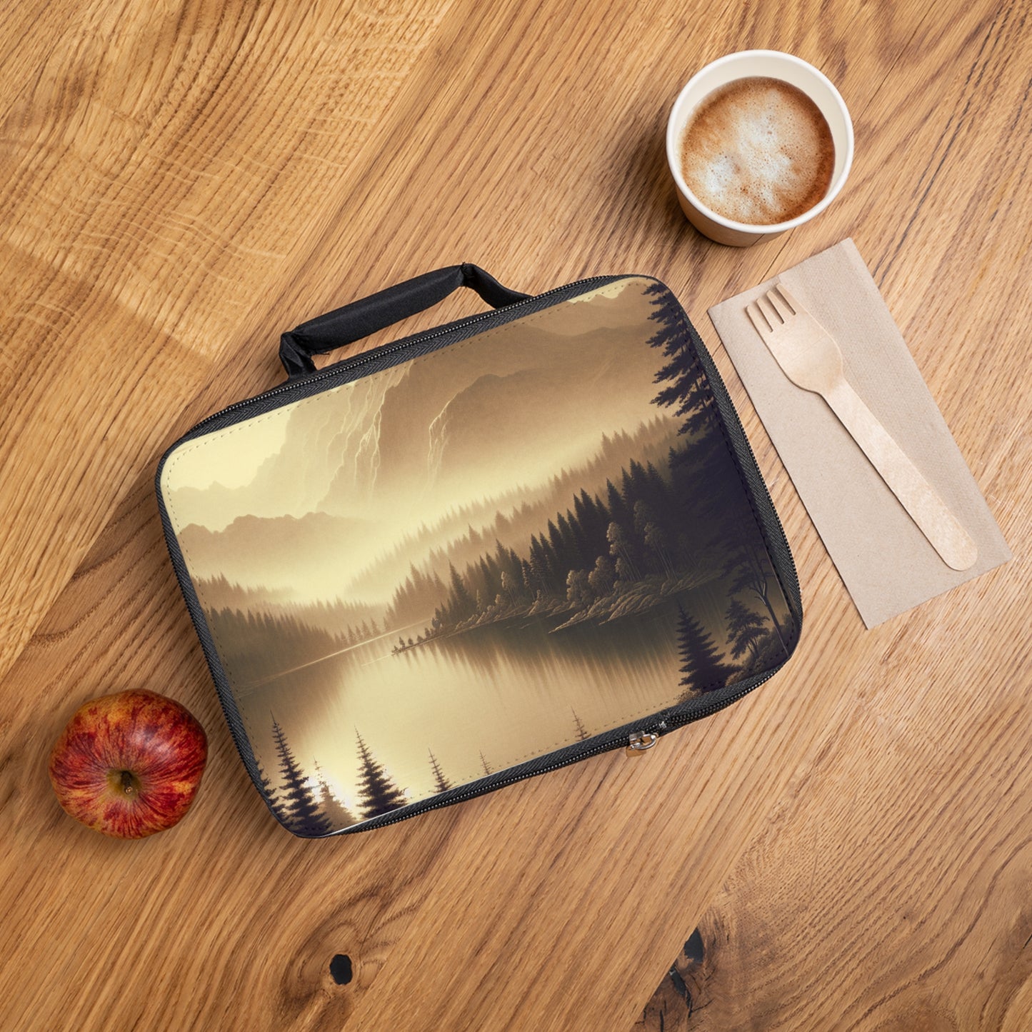 "Dawn at the Lake: A Foggy Mountain Morning" - Estilo tonalista de la bolsa de almuerzo alienígena