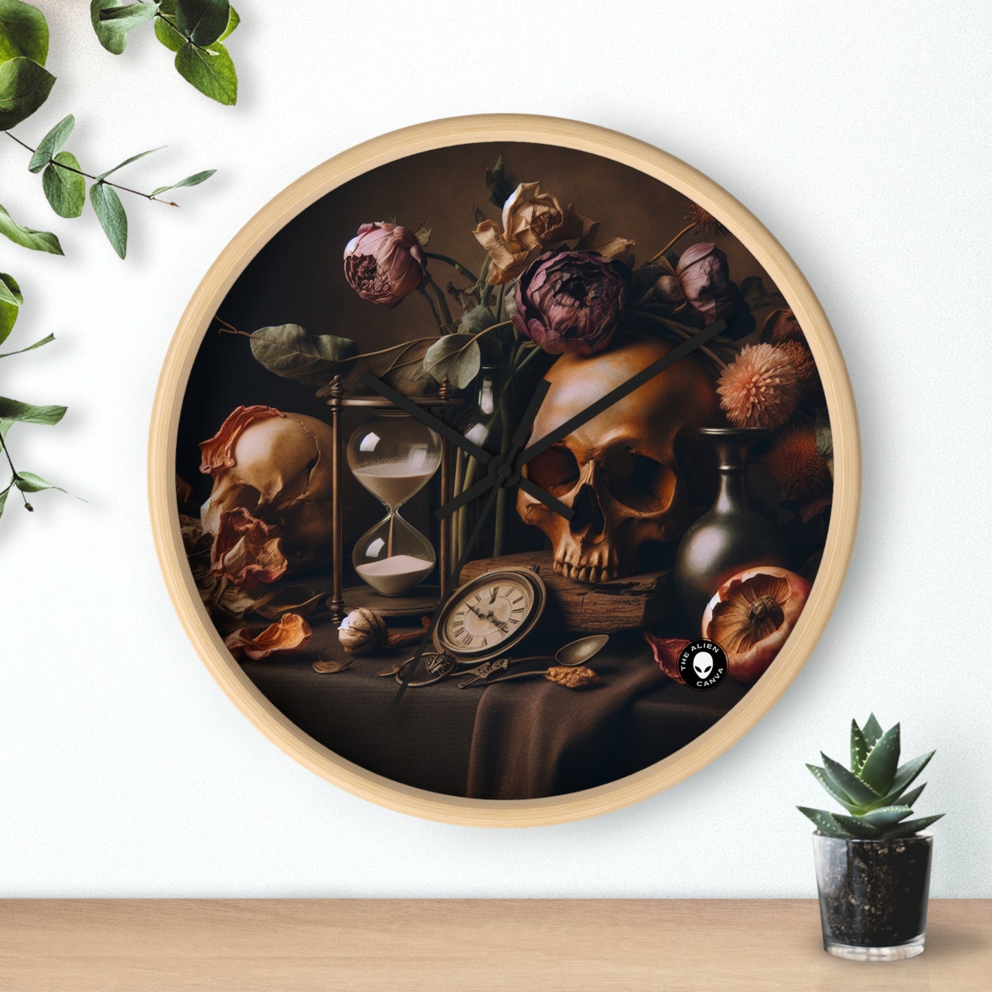 "Beauté éphémère : une peinture de Vanitas vibrante illustrant le passage du temps et la nature éphémère de la vie" - La peinture de Vanitas de l'horloge murale extraterrestre