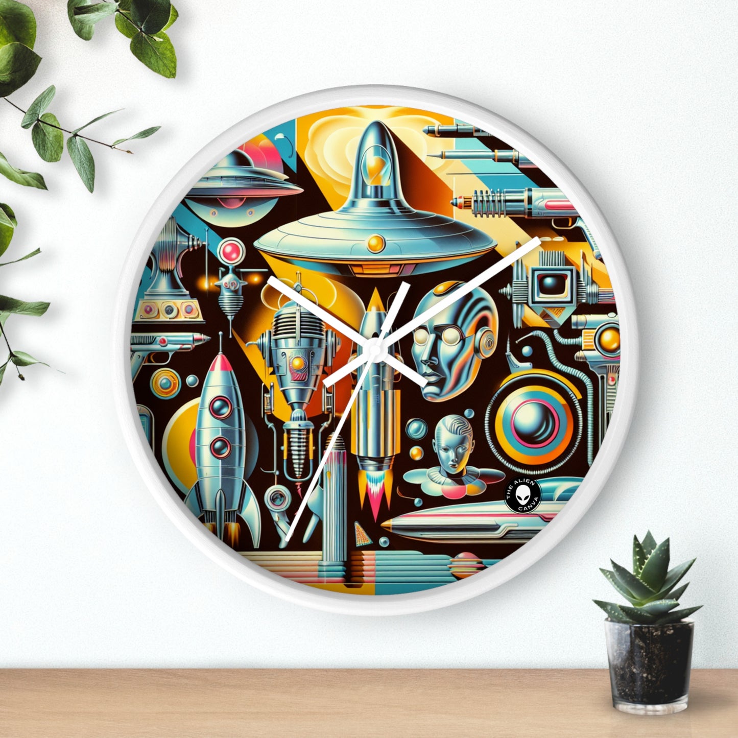 "Neon Deco: Una utopía retrofuturista" - El reloj de pared alienígena Retrofuturismo