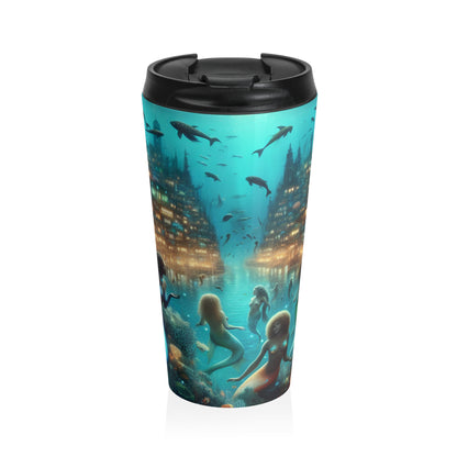 "Profundidades relucientes: la ciudad submarina encantada" - Taza de viaje de acero inoxidable de Alien