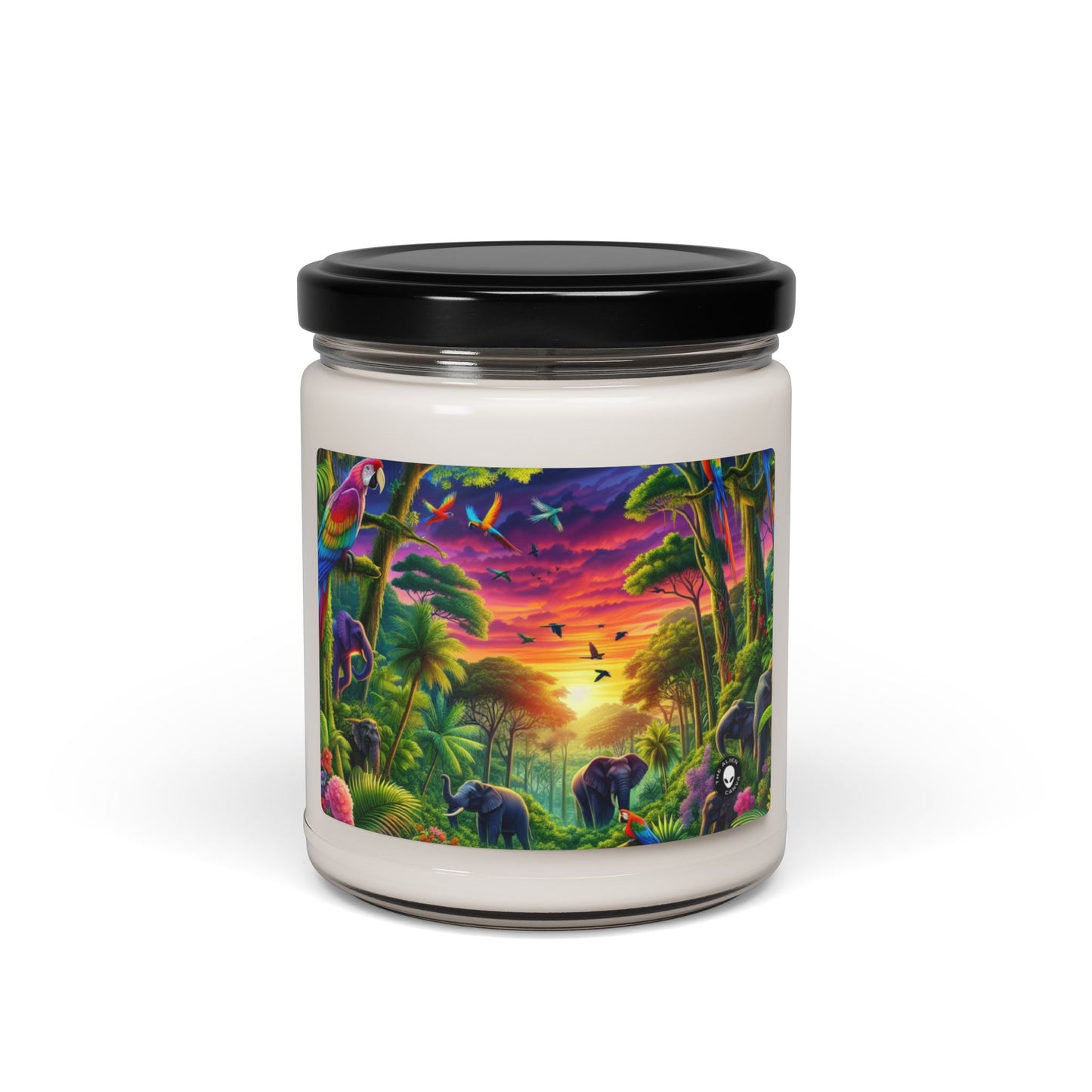 « Coucher de soleil dans la nature : une aventure dans la jungle arc-en-ciel » – Bougie parfumée au soja Alien 9oz