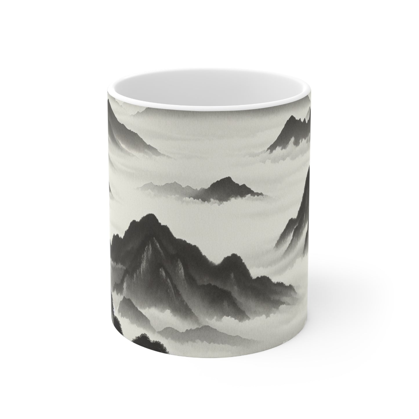 "Misty Peaks in the Fog" - Taza de cerámica alienígena, estilo de pintura con lavado de tinta de 11 oz