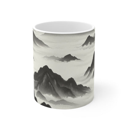 "Misty Peaks in the Fog" - La tasse en céramique Alien 11oz style peinture à l'encre