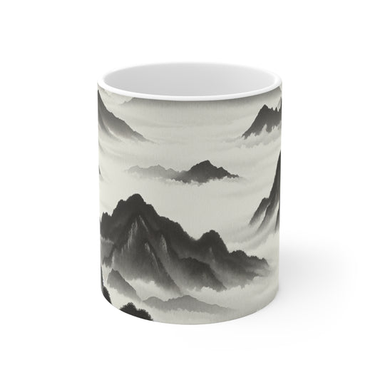 "Misty Peaks in the Fog" - The Alien Ceramic Mug 11oz Ink Wash Painting Style