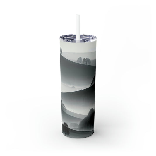 "Grey Tonalism: Hillside in Fog" - The Alien Maars® Skinny Tumbler with Straw 20oz Tonalism