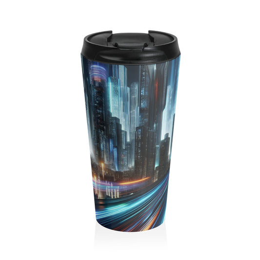 "Paisajes nocturnos de neón: una aventura urbana futurista" - Taza de viaje de acero inoxidable The Alien