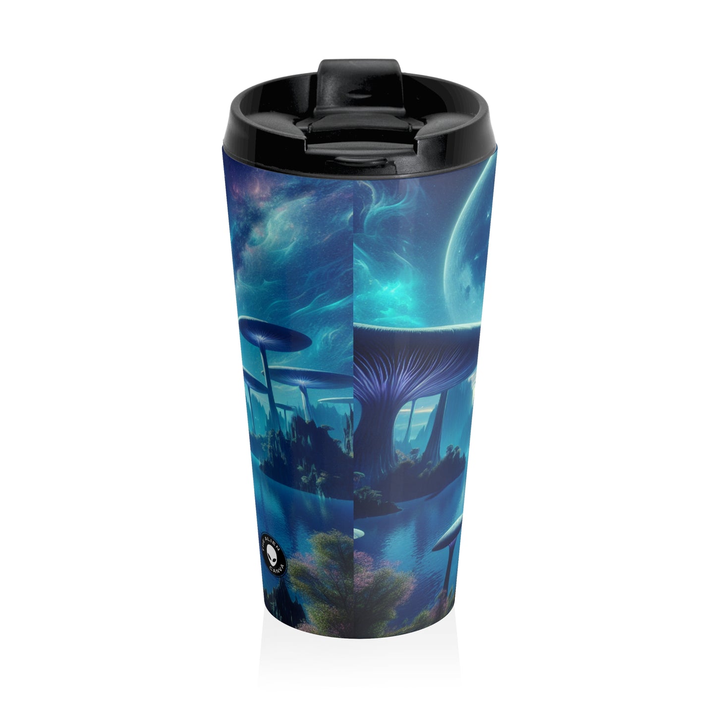 "Moonlit Mushroom Lake" - Taza de viaje de acero inoxidable de The Alien