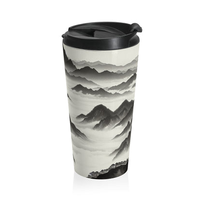 "Misty Peaks in the Fog" - Estilo de pintura con lavado de tinta de taza de viaje de acero inoxidable alienígena