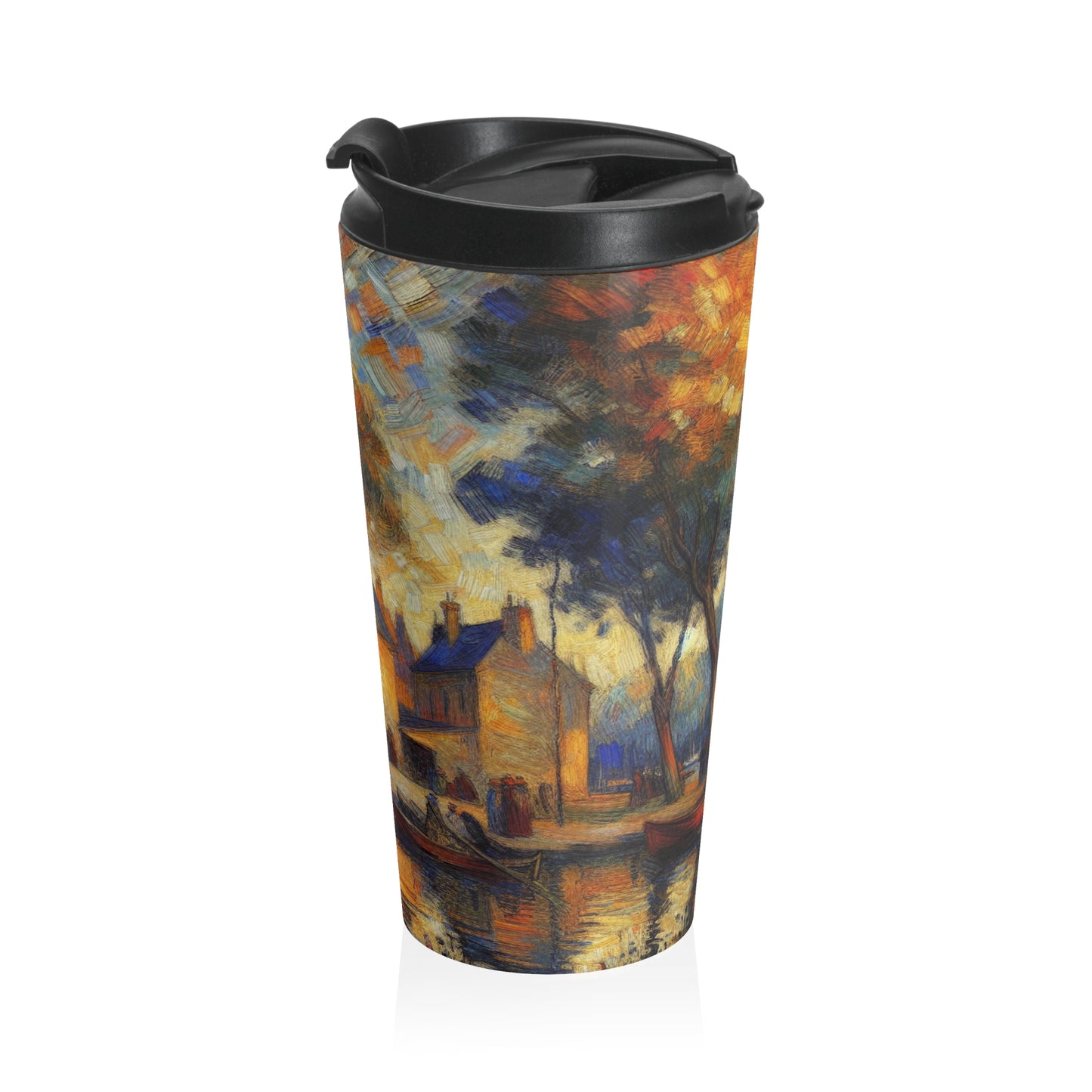 "Rainy Evening: A Post-Impressionist Cityscape" - The Alien Stainless Steel Travel Mug Post-Impressionism