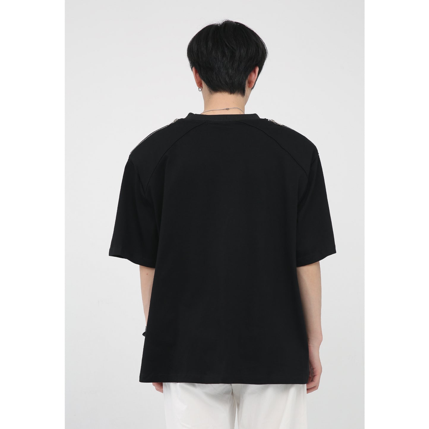 Korean Version Simple Printed Zipper Shoulder Pad Design T-shirt For Men