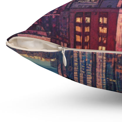 "Dusky Reflections: City Skyline at Sunset"- The Alien Spun Polyester Square Pillow