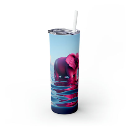 "The Pink Elephant in the Deep Blue Sea" - The Alien Maars® Skinny Tumbler with Straw 20oz A pink elefant floating in the ocean