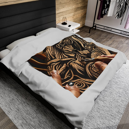 "Enchanting Shadows: A Woodcut Print of the Dancing Northern Lights" - The Alien Velveteen Plush Blanket Woodcut Printing