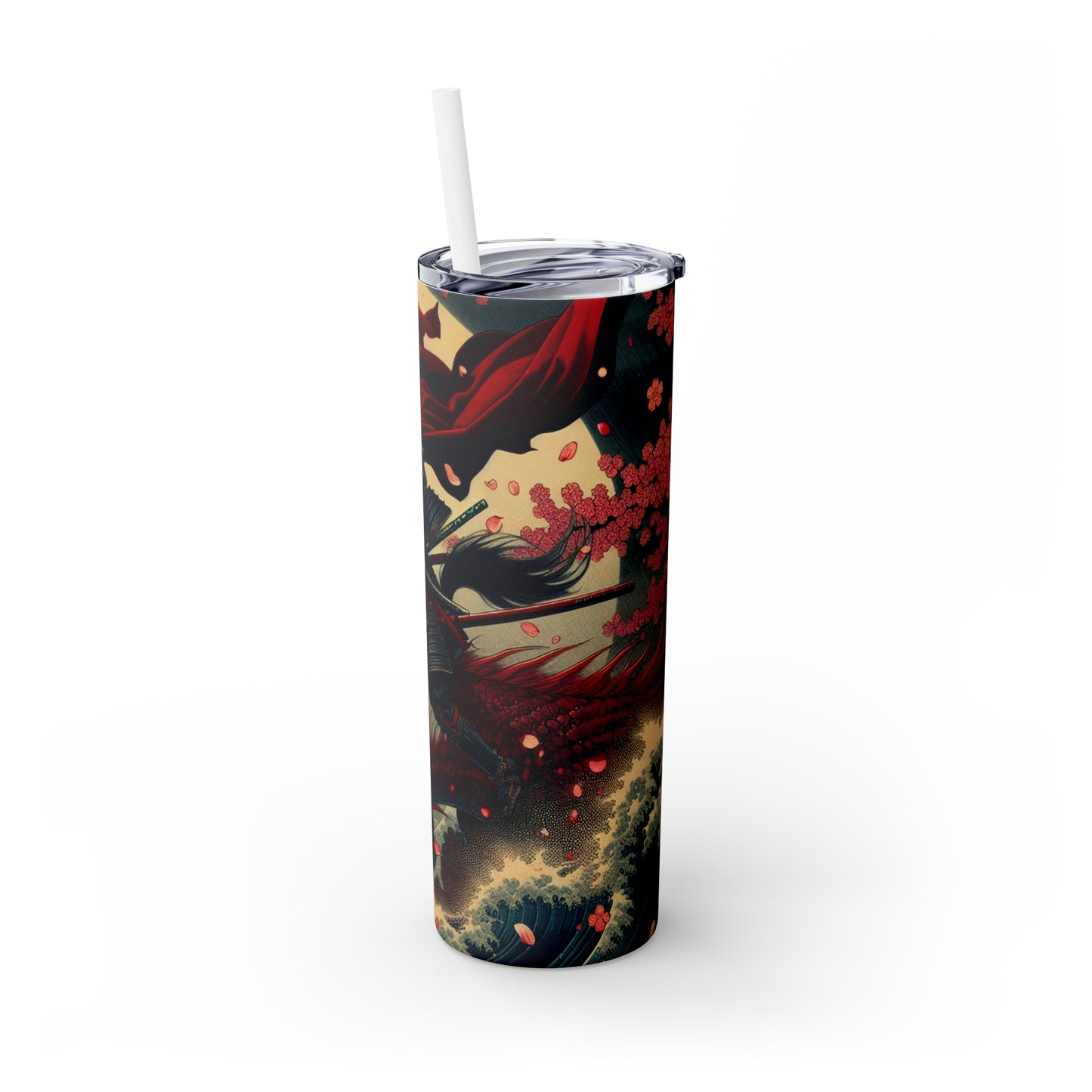 "Storming into Battle: A Samurai's Tale" - Vaso delgado con pajita de Alien Maars® de 20 oz estilo Ukiyo-e (impresión en madera japonesa)