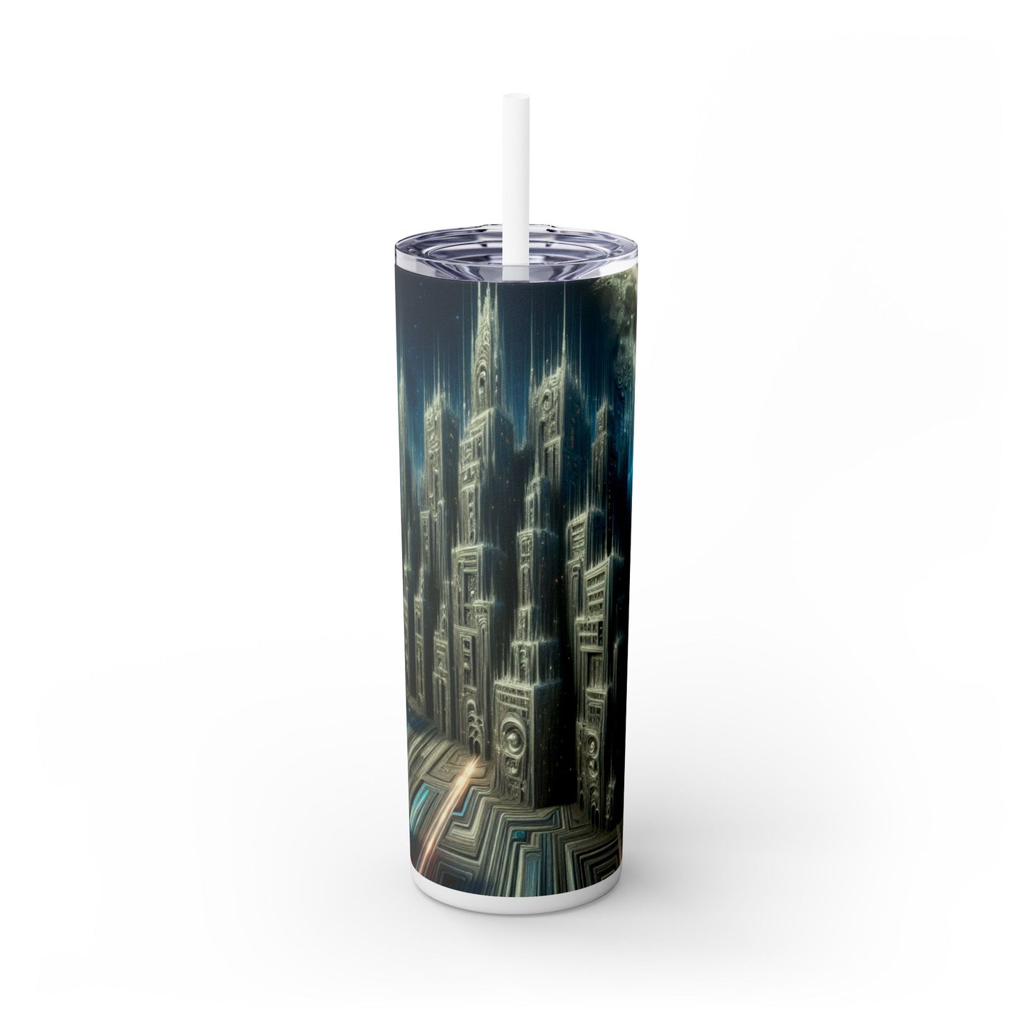 "Nighttime Cityscape Melt" - The Alien Maars® Skinny Tumbler with Straw 20oz