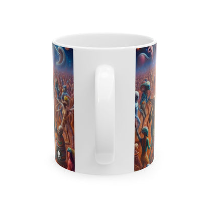 "Interstellar Rave: Abrazando la unidad cósmica" - Taza de cerámica alienígena de 11 oz