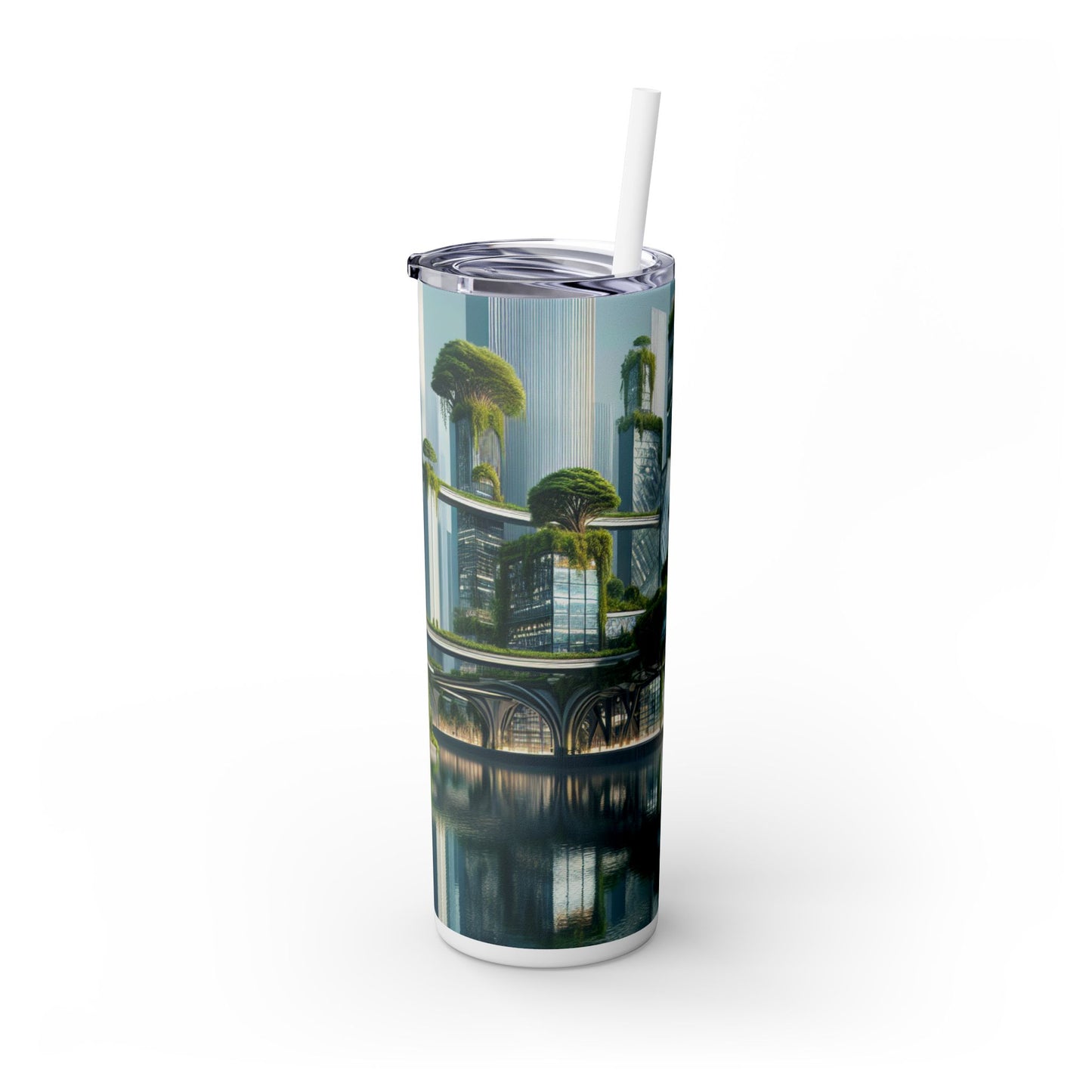 "La fusión de la naturaleza: un paisaje urbano futurista" - Vaso delgado con pajita de Alien Maars® de 20 oz