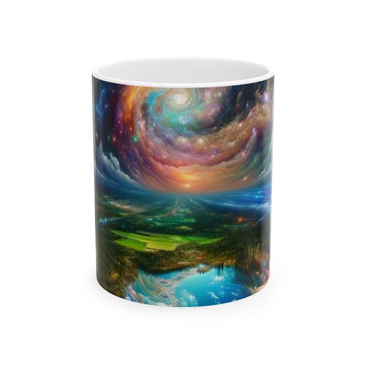 "Patchwork galáctico: un paisaje surrealista" - Taza de cerámica alienígena de 11 oz