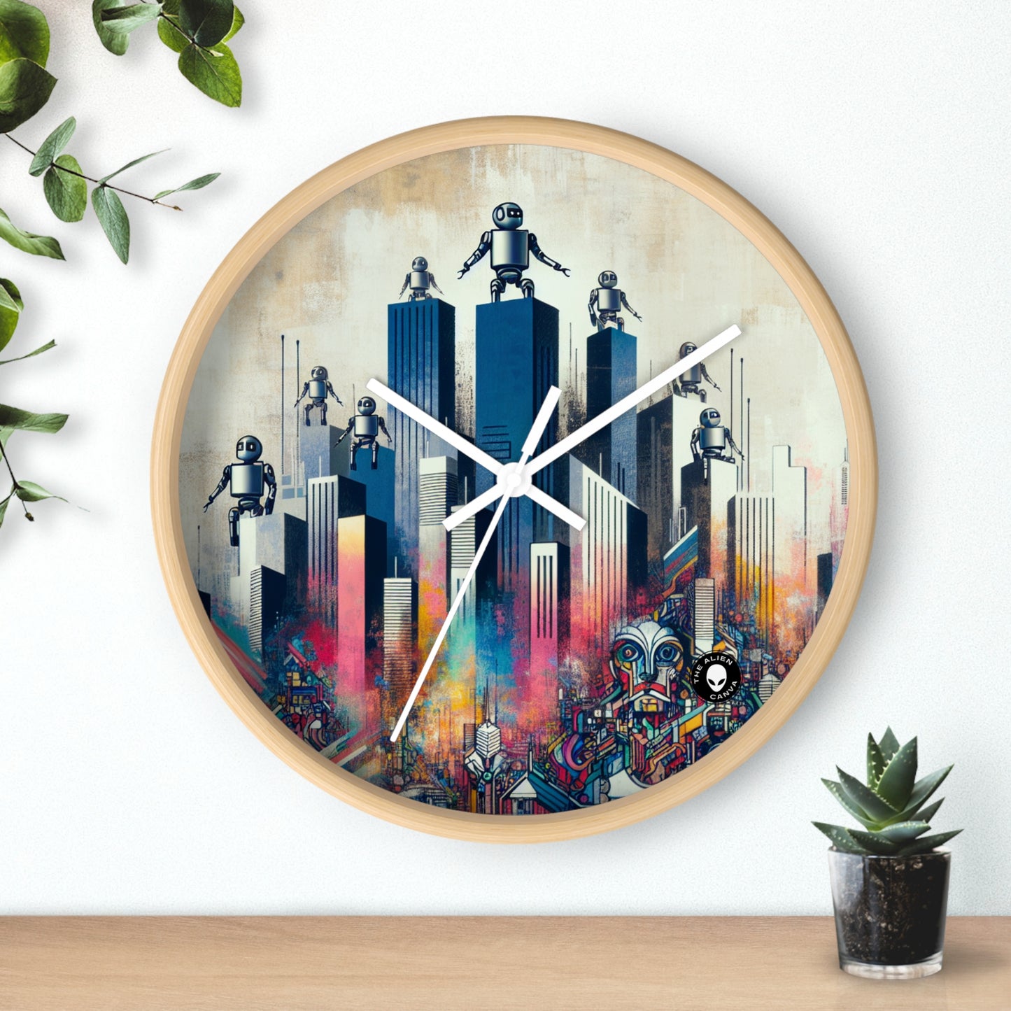 "Robotic Cityscape: A Futuristic Mural" - The Alien Wall Clock Street Art / Graffiti