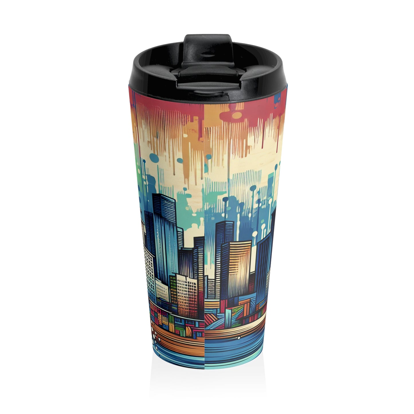 "Bright City: A Pop of Color on the Skyline" - The Alien Stainless Steel Travel Mug Street Art / Graffiti Style