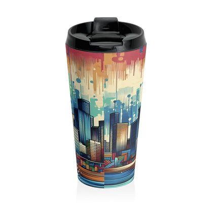 "Bright City: A Pop of Color on the Skyline" - The Alien Stainless Steel Travel Mug Street Art / Graffiti Style