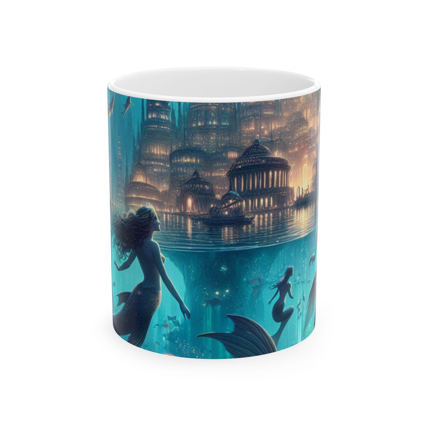 "Atlántida iluminada: una ciudad de criaturas marinas místicas" - Taza de cerámica alienígena de 11 oz