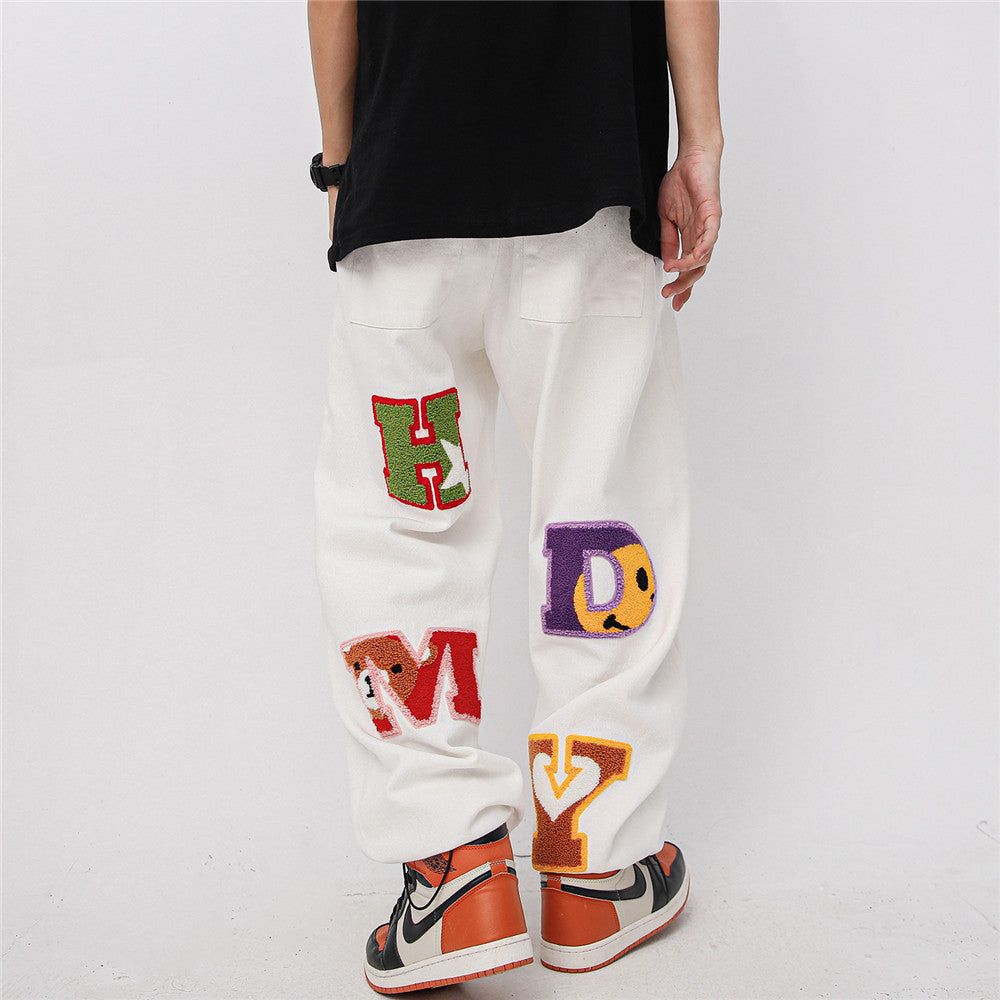 Towel Embroidery Letter Printed Sweatpants Men's Loose