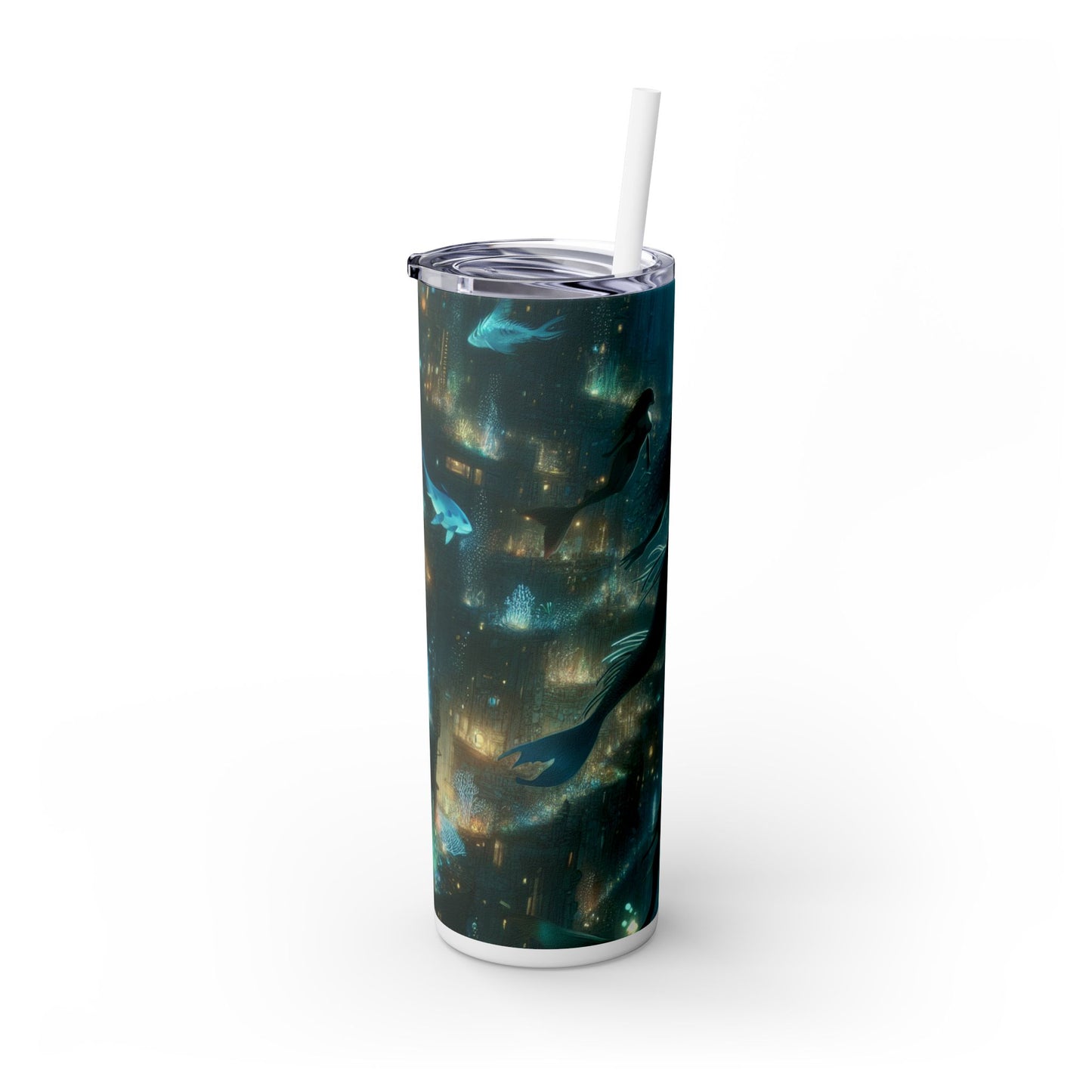 "Enchantment Below: A Bioluminescent Underwater Metropolis" - The Alien Maars® Skinny Tumbler with Straw 20oz