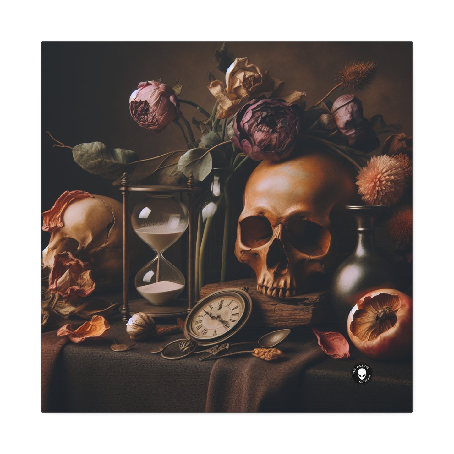 "Beauté éphémère : une peinture de Vanitas vibrante représentant le passage du temps et la nature éphémère de la vie" - La peinture Alien Canva Vanitas