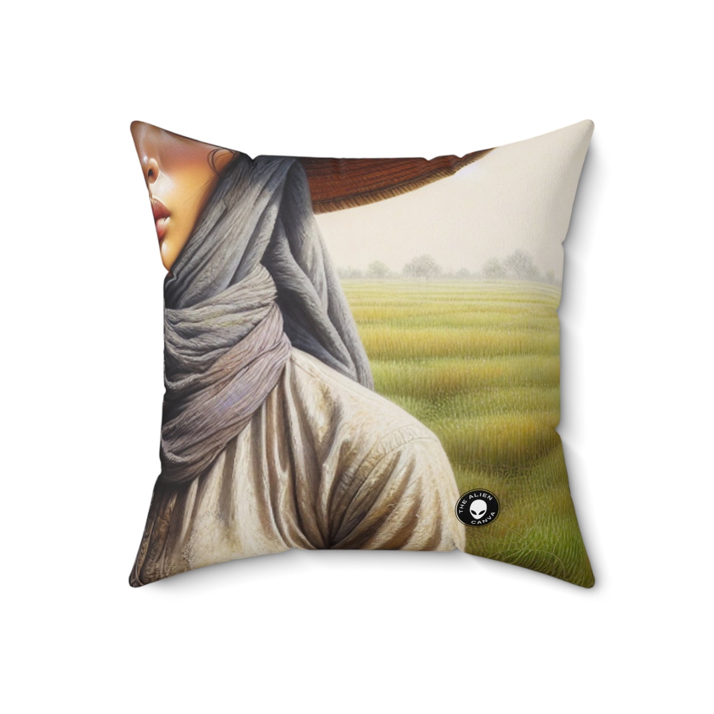 "Farmer in the Fields: A Weathered Reflection" - The Alien Spun Polyester Square Pillow Realism