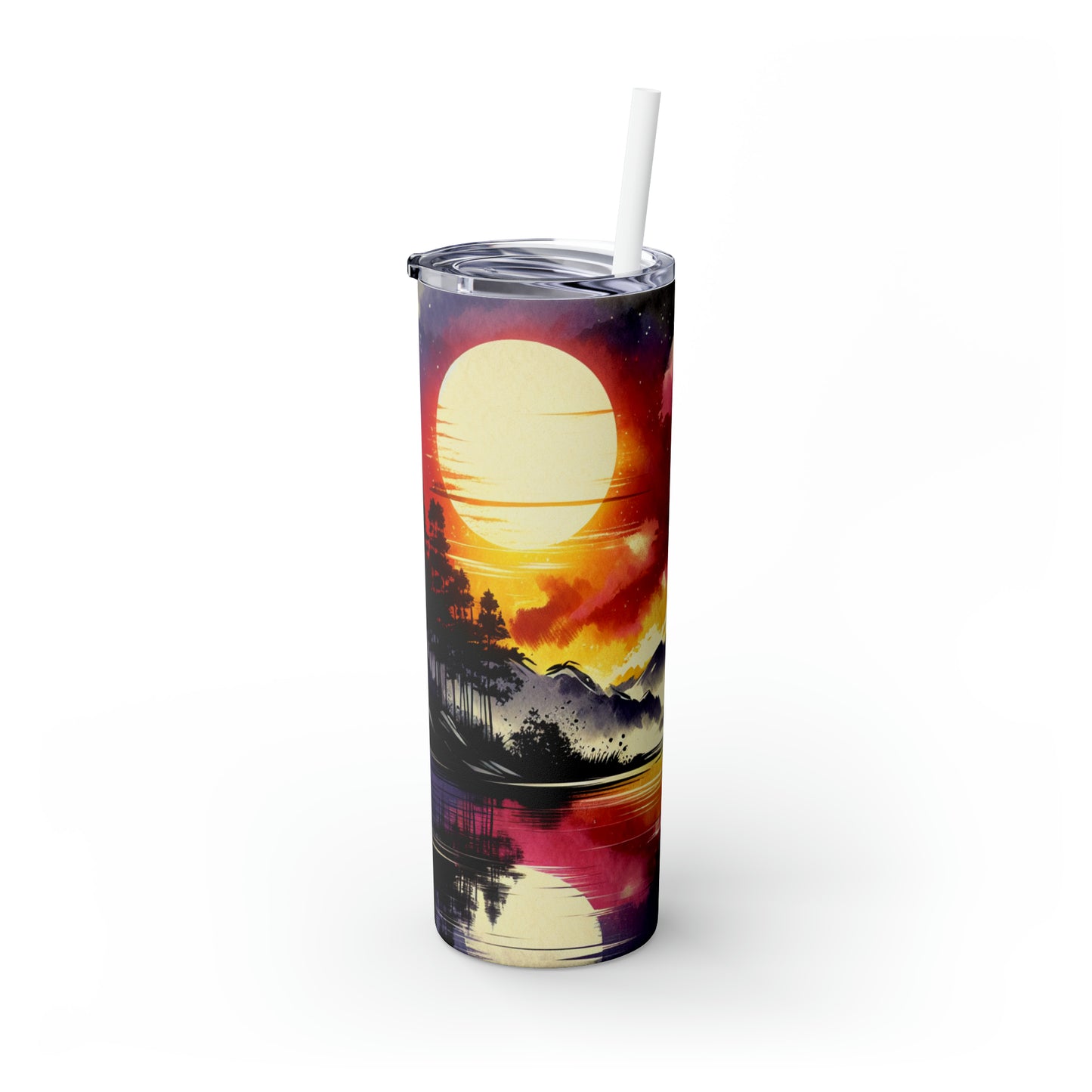 "A Pastel Sunset Symphony" - The Alien Maars® Skinny Tumbler with Straw 20oz Ink Wash Painting