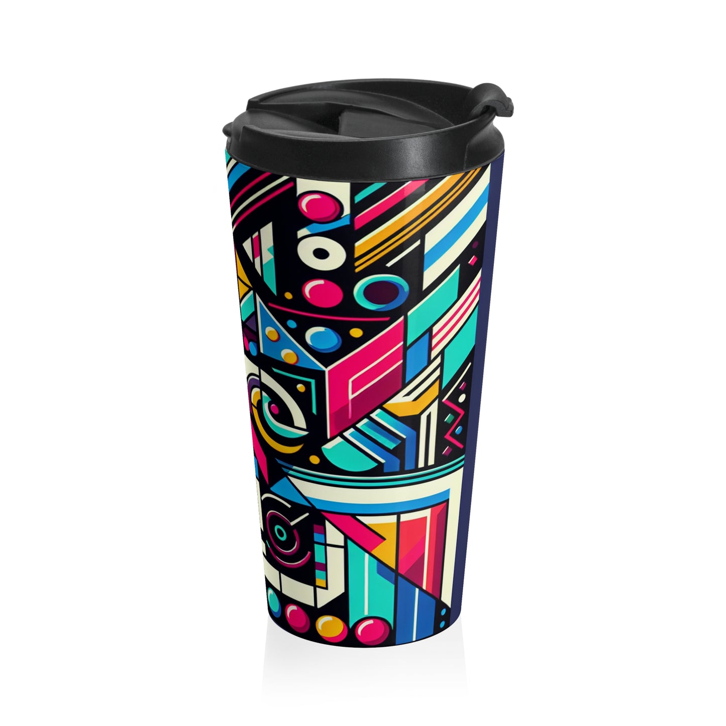 "Neon Geometric Pop" - The Alien Stainless Steel Travel Mug Contemporary Art Style