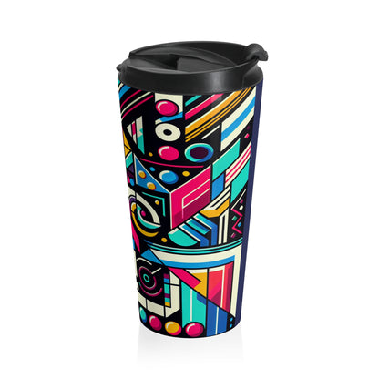 "Neon Geometric Pop" - The Alien Stainless Steel Travel Mug Contemporary Art Style