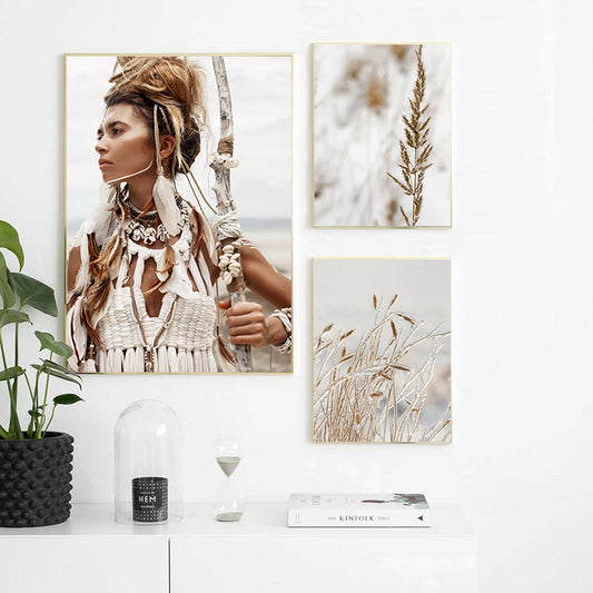 Wild Boho Woman Grass Reed Poster Nordic Canvas