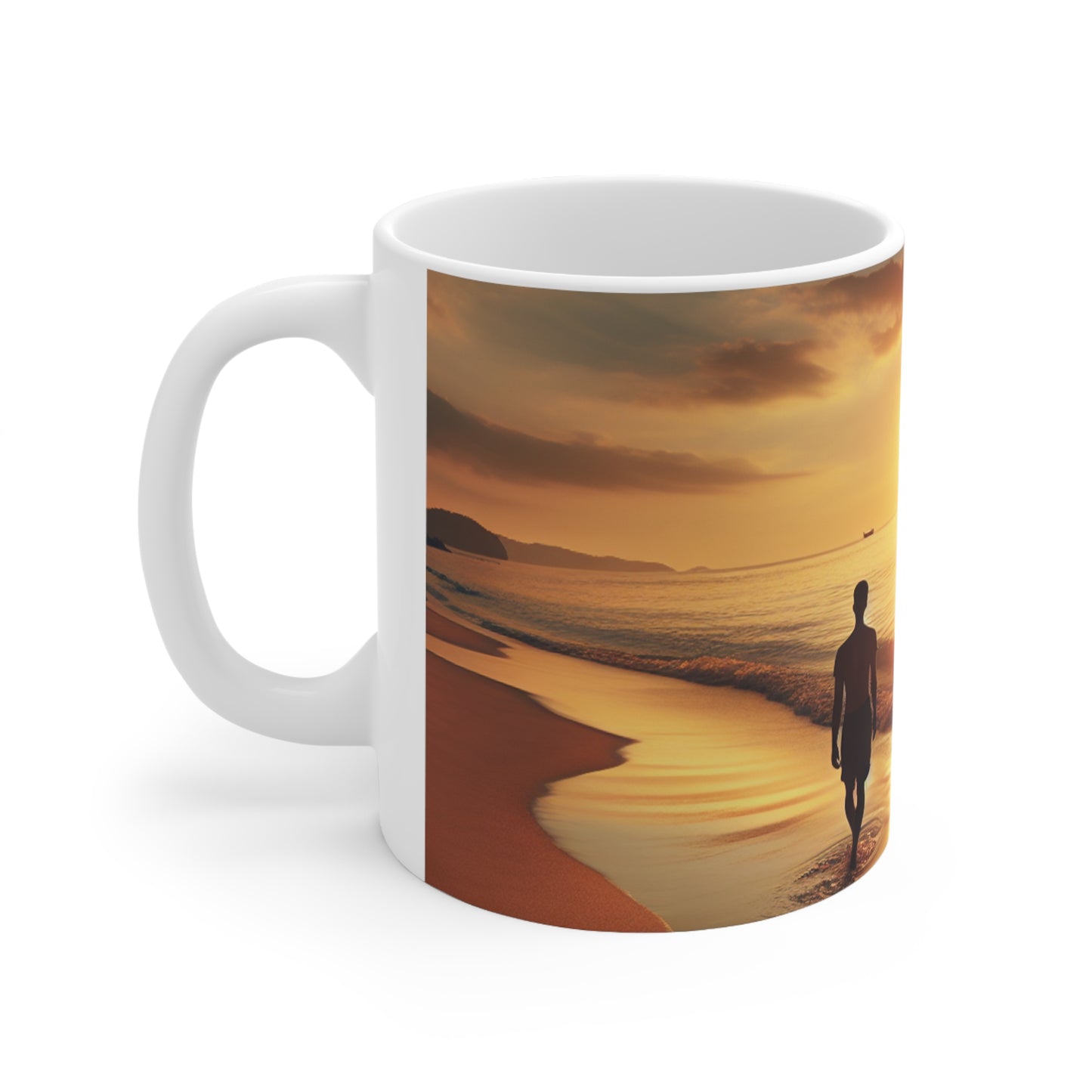 "Un paseo por la playa al atardecer" - Taza de cerámica The Alien de 11 oz estilo fotorrealismo