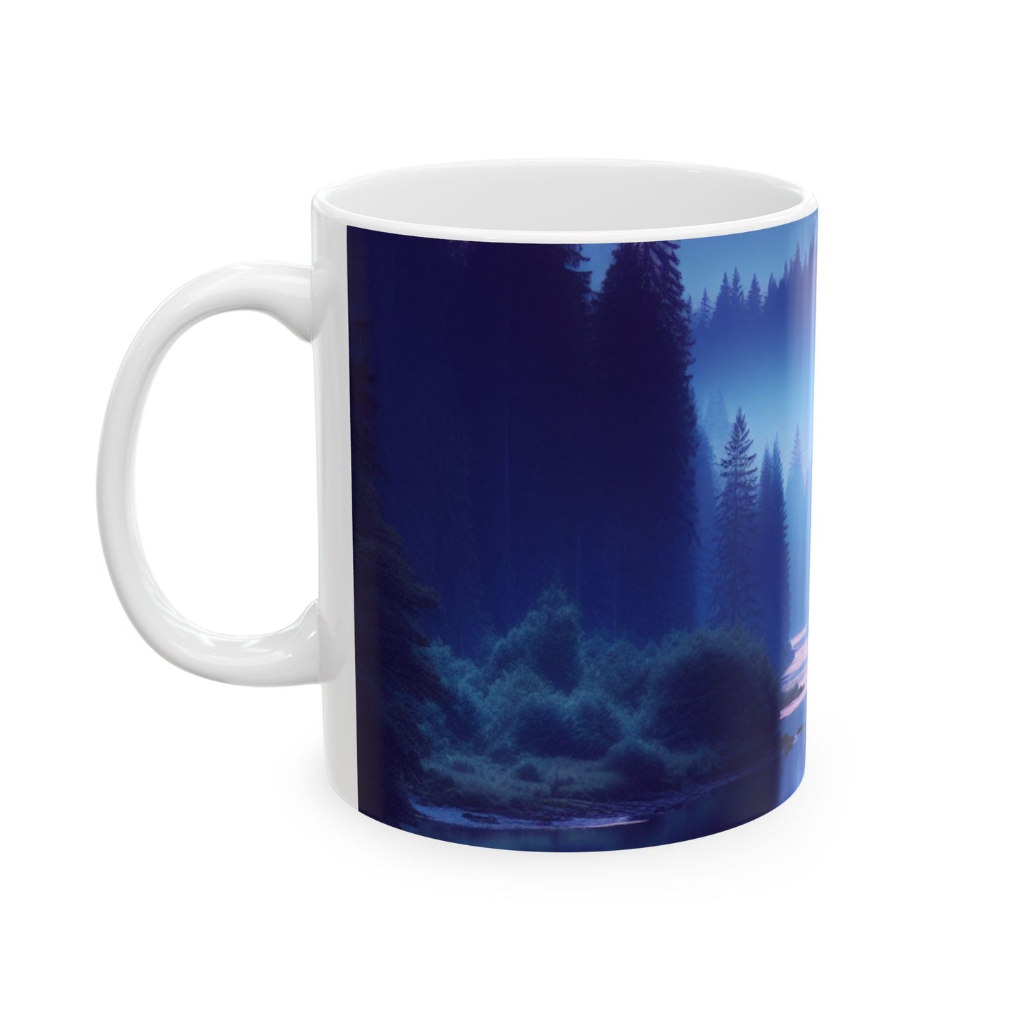 "Tranquilidad Crepuscular: Reflejos del río en el bosque" - Taza de cerámica The Alien de 11 oz