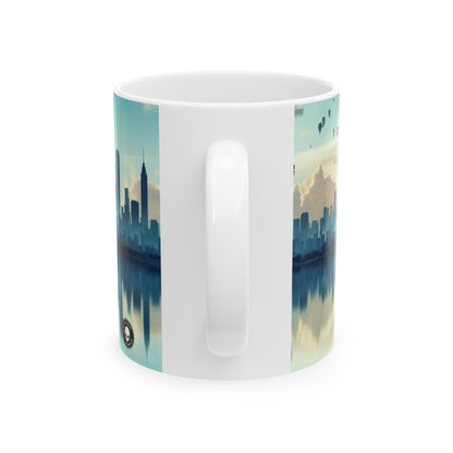 "Metrópoli reflejada: un lago de sueños" - Taza de cerámica The Alien 11oz