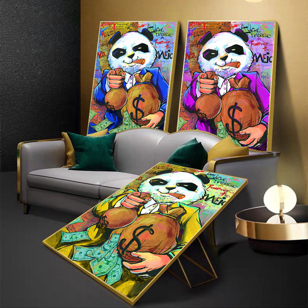 Peinture sur toile de sac d'argent d'image drôle de Panda pourpre