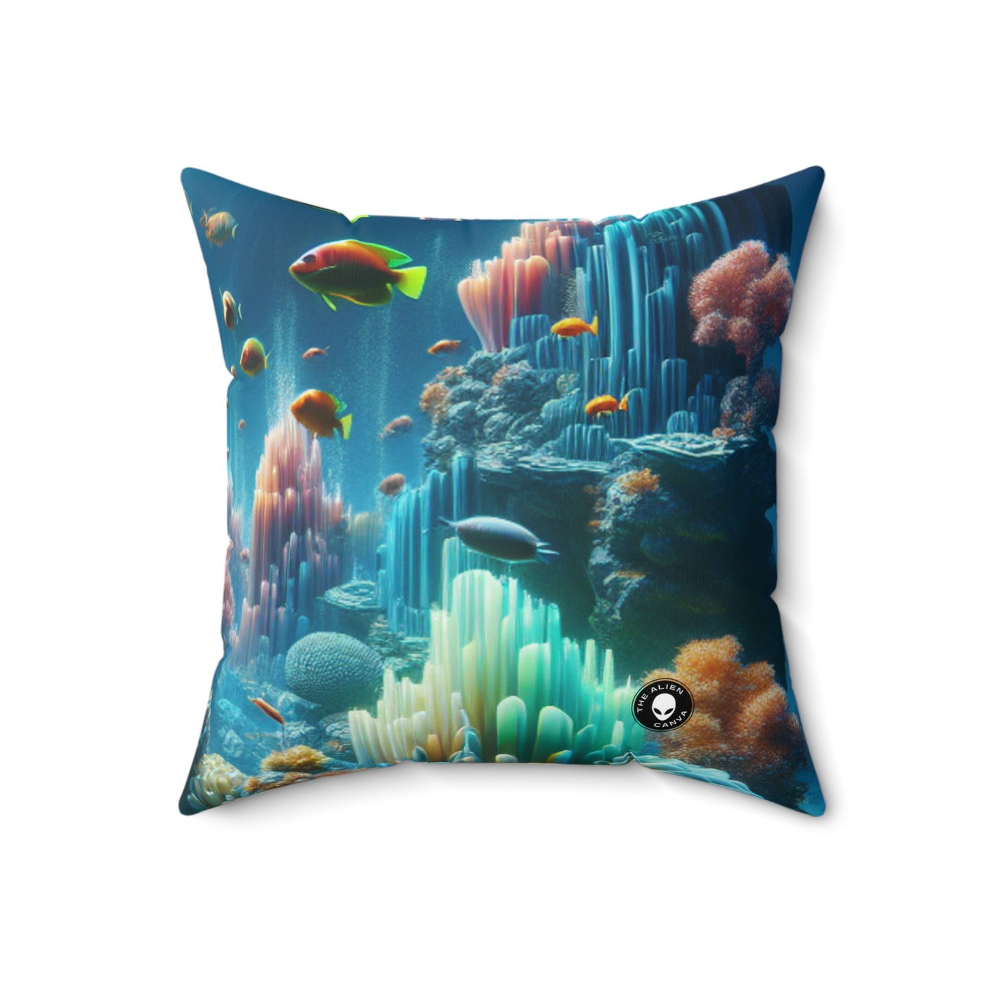 "Neon Reef: una sinfonía surrealista submarina": almohada cuadrada de poliéster hilado de Alien