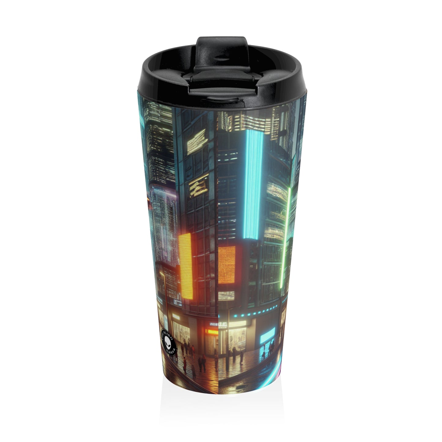 Neon Rain: A Futuristic Cityscape - The Alien Stainless Steel Travel Mug